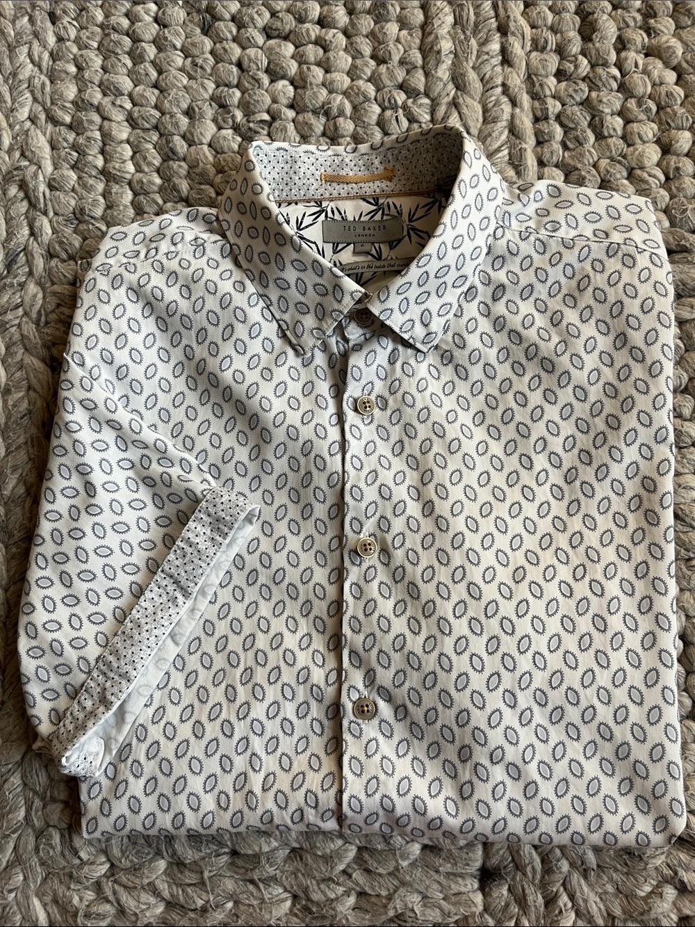Ted Baker London white with gray paisley print button-down shirt